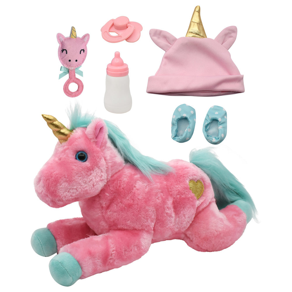 Little Darlings: 15" Hop On Baby Set - Unicorn, Pink, Green - Hard Body Baby Doll, Kids Age 3+