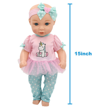 Little Darlings: 15" Hop On Baby Set - Unicorn, Pink, Green - Hard Body Baby Doll, Kids Age 3+