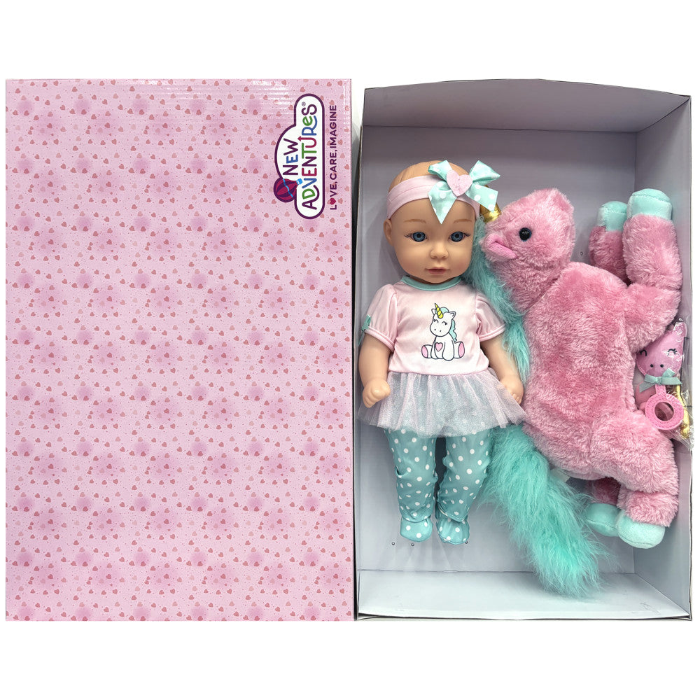 Little Darlings: 15" Hop On Baby Set - Unicorn, Pink, Green - Hard Body Baby Doll, Kids Age 3+