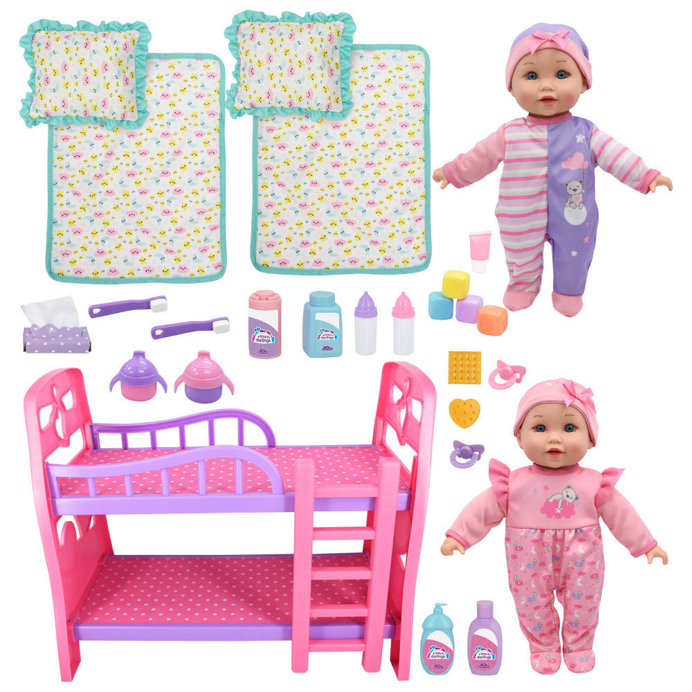 Little Darlings: 12" Twin Dolls Bedtime Fun Set - 29pc, Pink, Purple Green - Kids Ages 2+