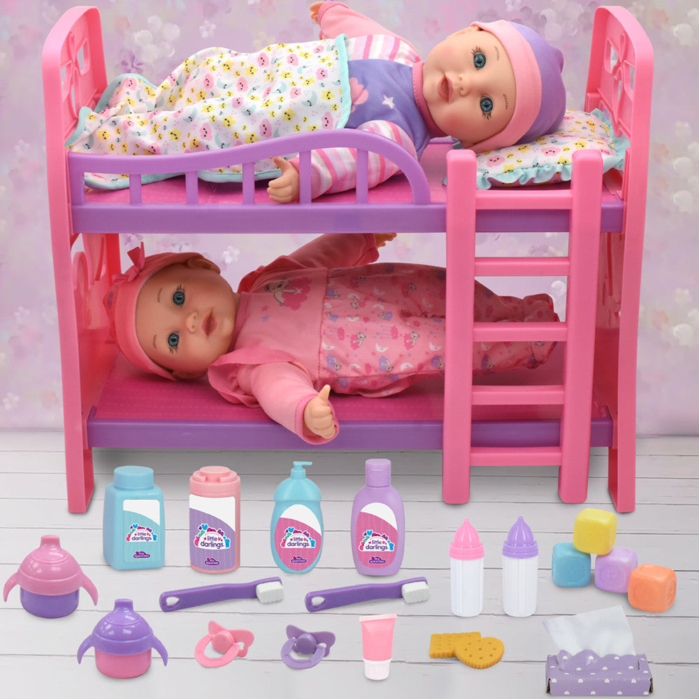 Little Darlings: 12" Twin Dolls Bedtime Fun Set - 29pc, Pink, Purple Green - Kids Ages 2+