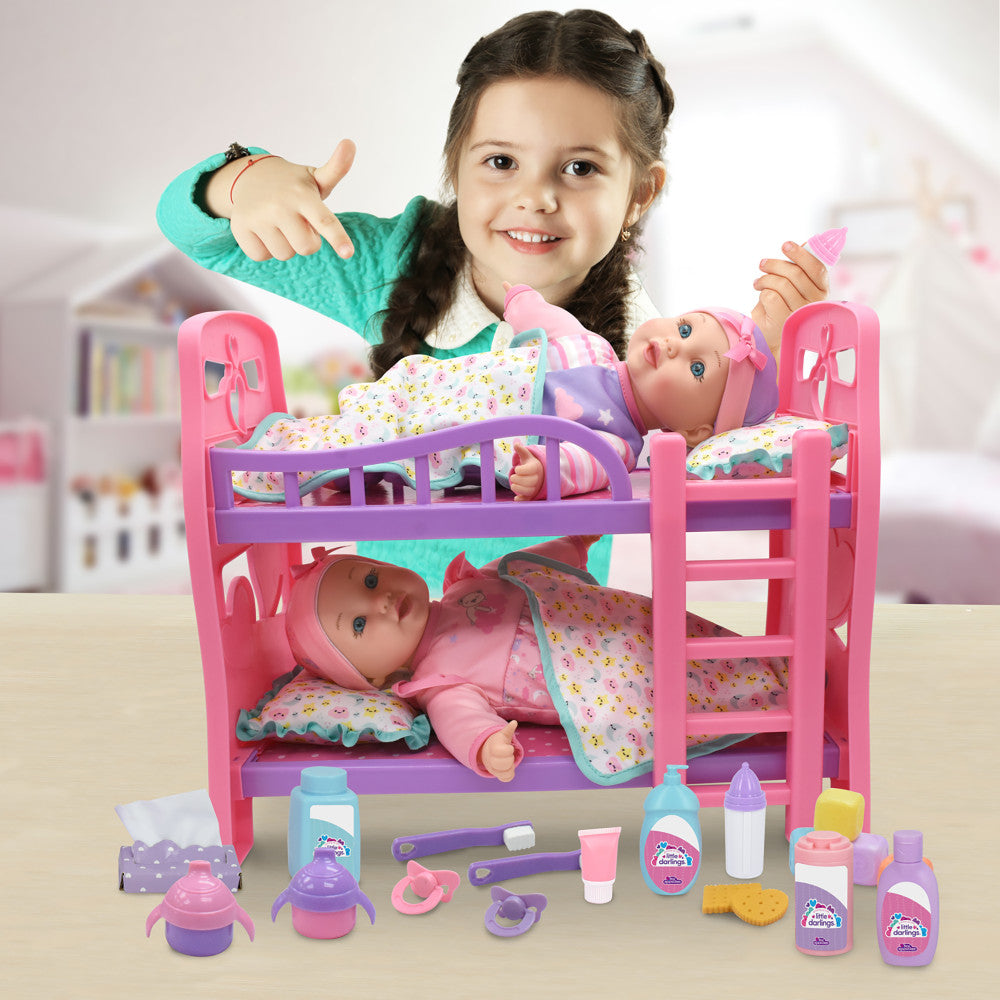 Little Darlings: 12" Twin Dolls Bedtime Fun Set - 29pc, Pink, Purple Green - Kids Ages 2+