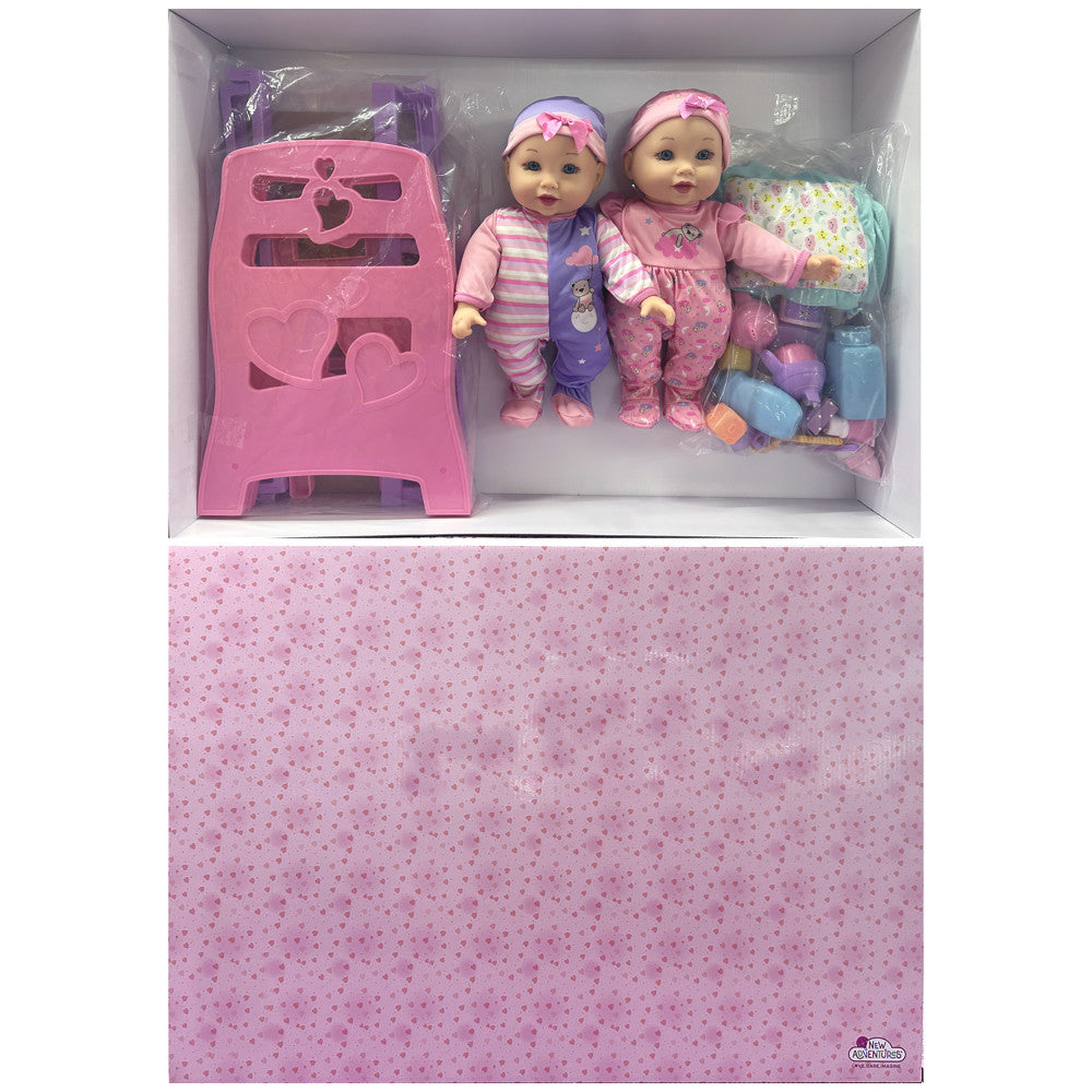 Little Darlings: 12" Twin Dolls Bedtime Fun Set - 29pc, Pink, Purple Green - Kids Ages 2+