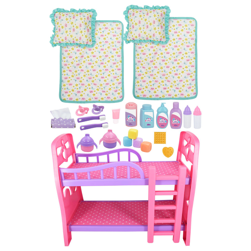 Little Darlings: 12" Twin Dolls Bedtime Fun Set - 29pc, Pink, Purple Green - Kids Ages 2+