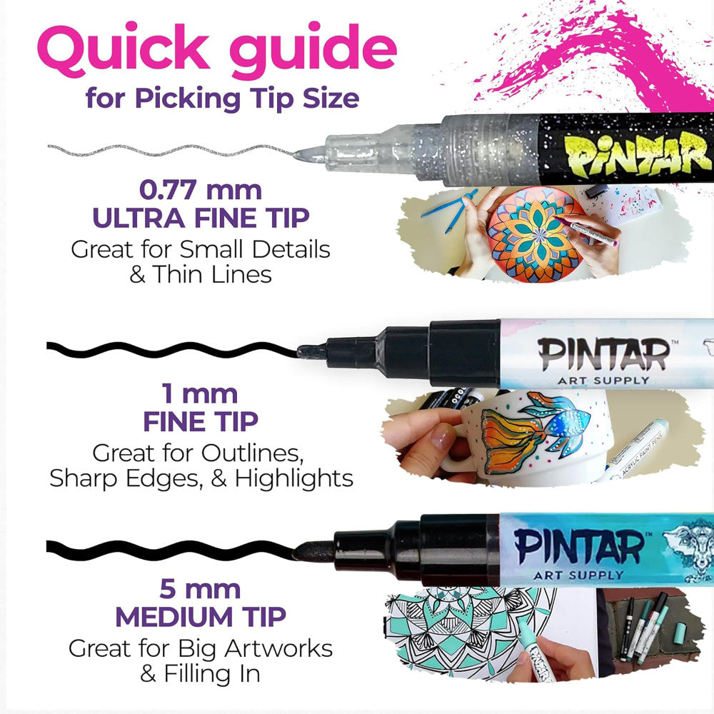 Pintar: Acylic Paint Markers: Glitter - Extra Fine Tip .7mm, 14 Pack - Stylus Paint Pens