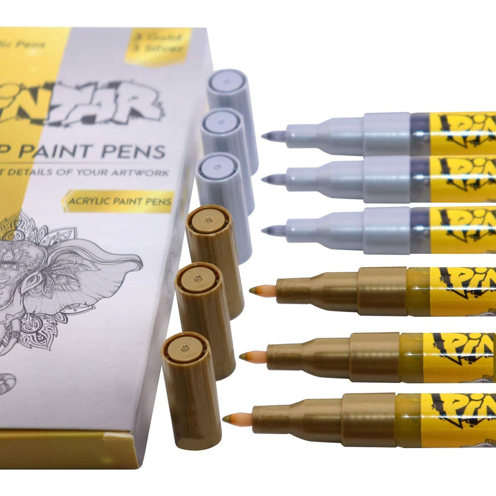 Pintar: Acylic Paint Markers: Gold & Silver - Extra Fine Tip .7mm, 6 Pack - Opague Colors