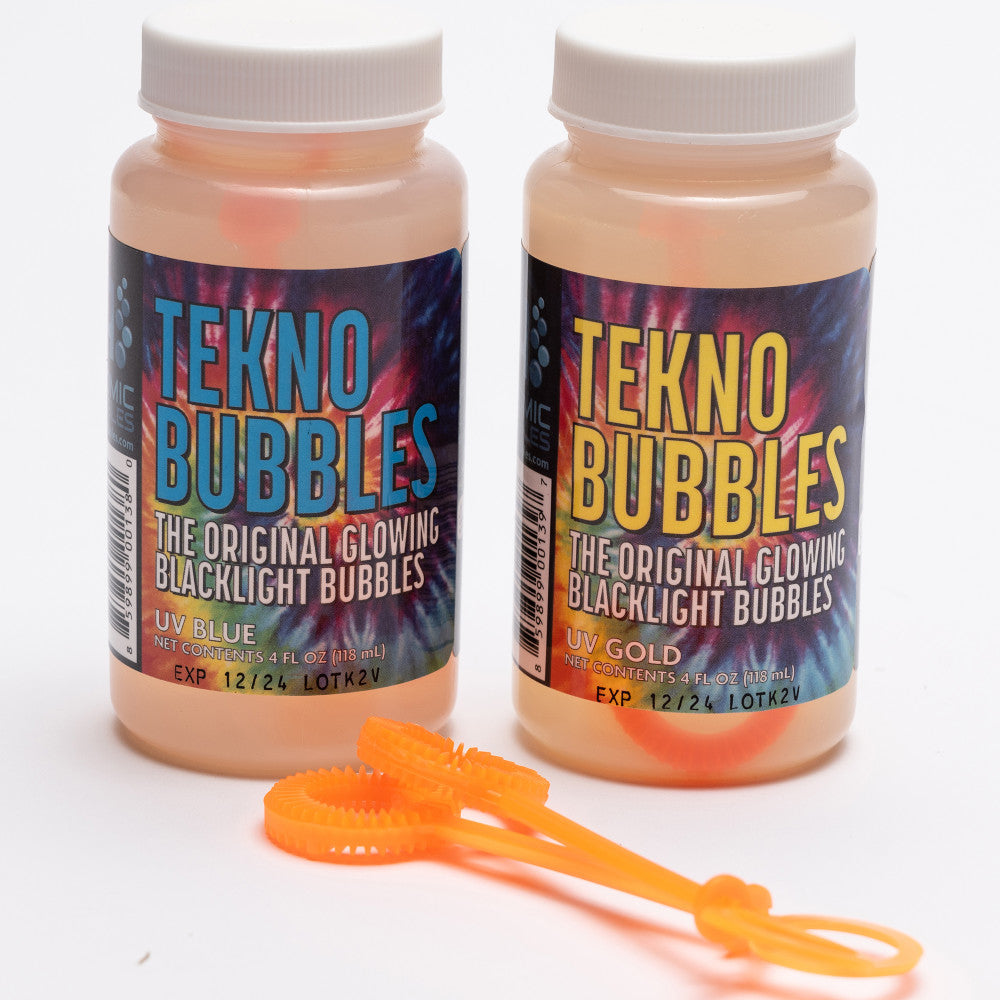 Atomic Bubbles Tekno Bubbles - UV Reactive Glowing Bubbles, 2 Pack (Gold & Blue)