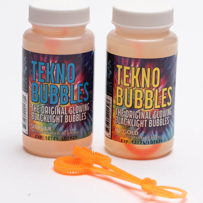 Atomic Bubbles Tekno Bubbles - UV Reactive Glowing Bubbles, 2 Pack (Gold & Blue)