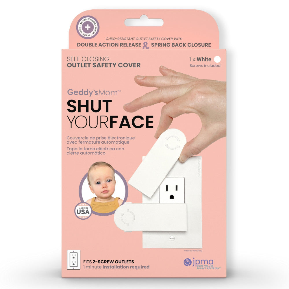 Geddy's Mom: Shut Your Face - White - Self-Closing Outlet Safety Cover For 2-Screw Decora Outlets