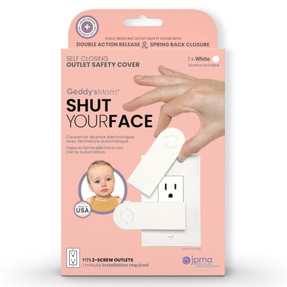 Geddy's Mom: Shut Your Face - White - Self-Closing Outlet Safety Cover For 2-Screw Decora Outlets