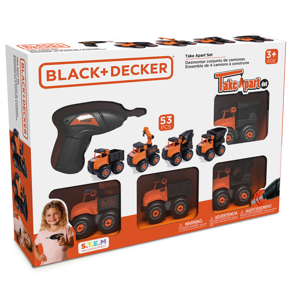 Black and Decker 4-Piece Mini Construction Trucks Set with Electric Drill