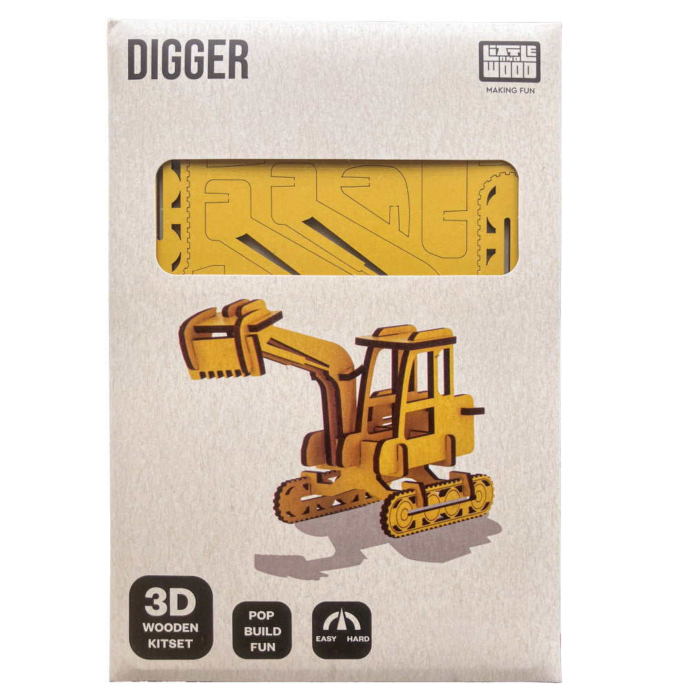 Little & Wood: Woodlet: Medium - Digger - Yellow, 3D Wooden Kit-Set