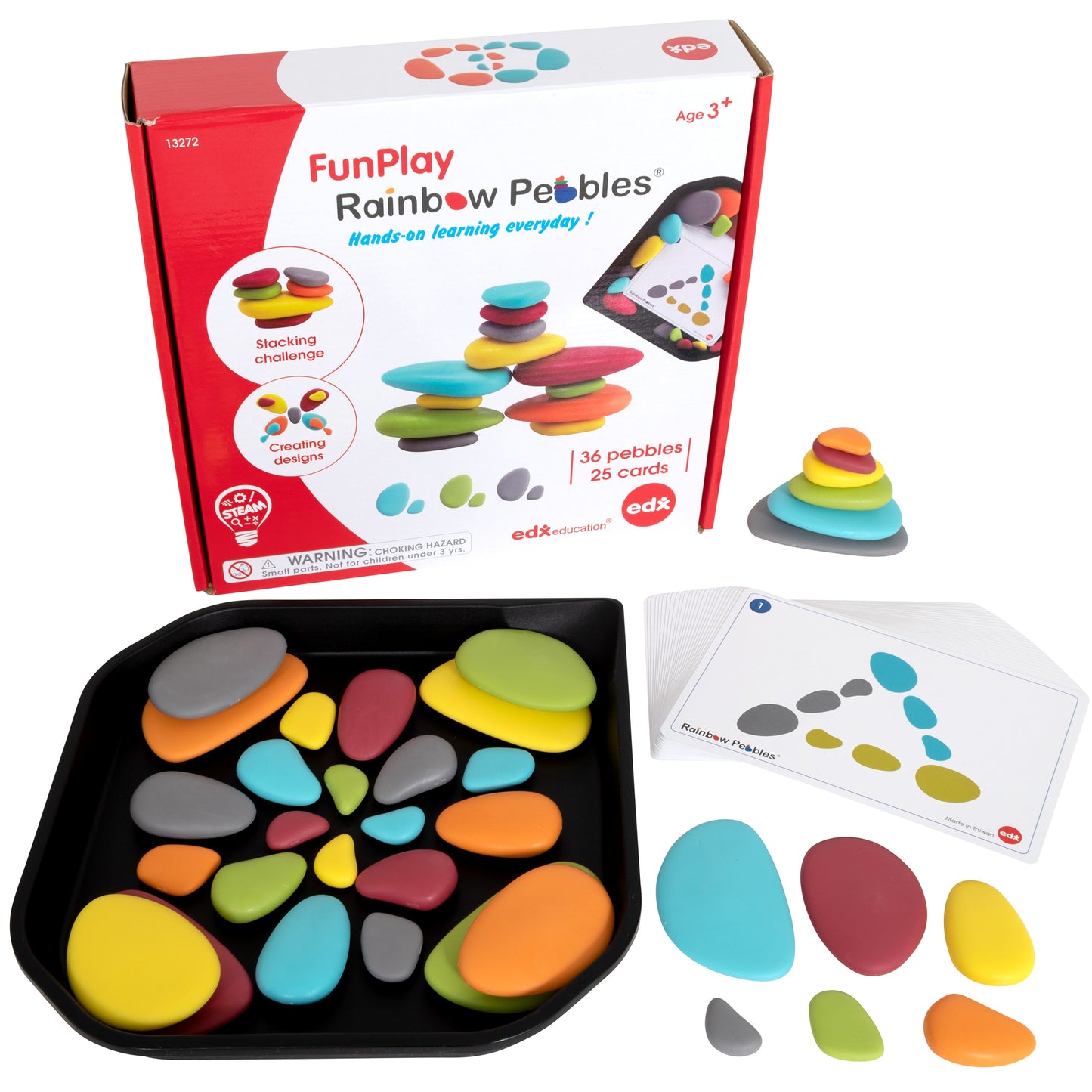 edxeducation Rainbow Pebbles - Early Math Manipulative and Construction Toy - Set of 36 Pebbles, 50 Activities, and Tray