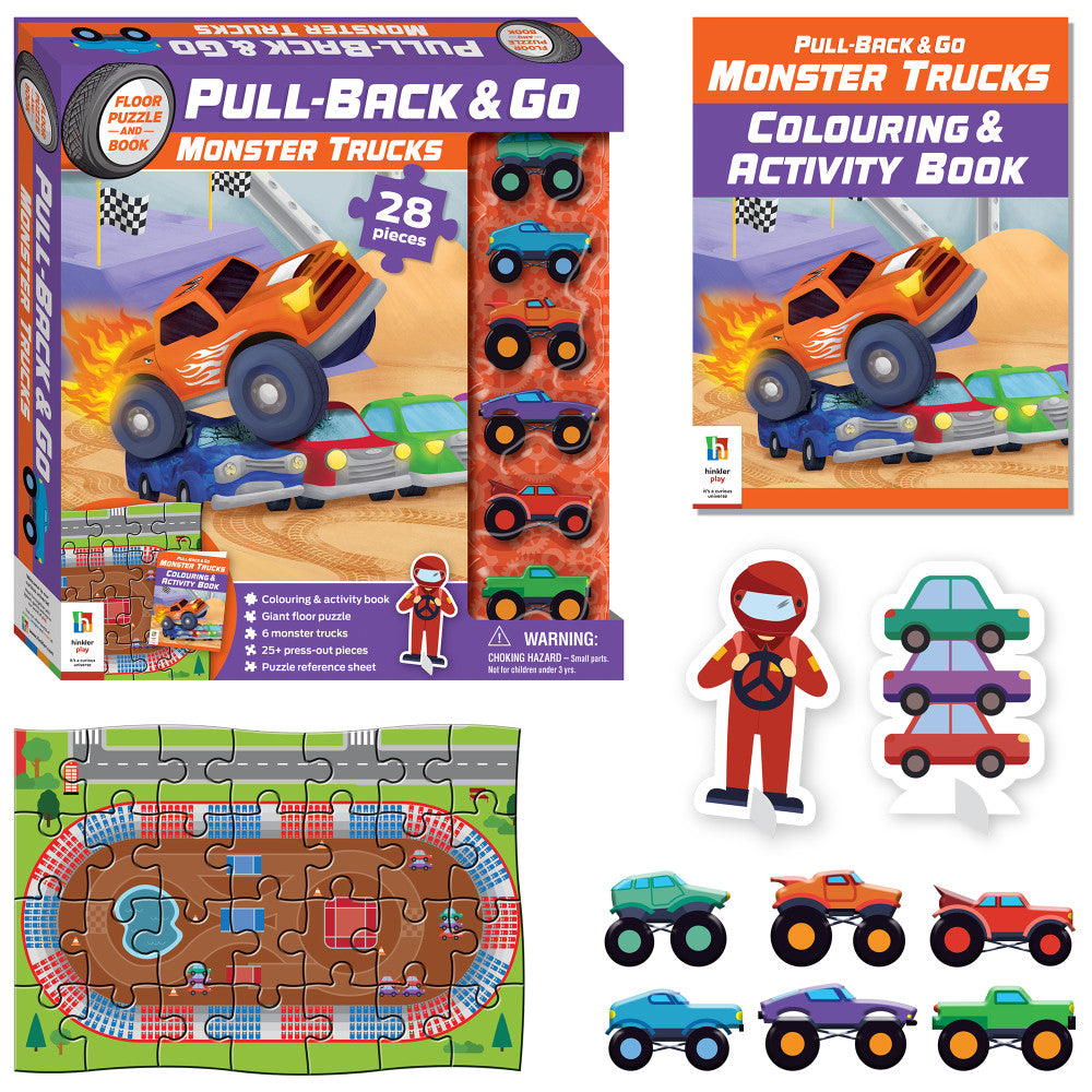 Monster Truck Mayhem 28-Piece Floor Puzzle Set with Pull-Back Vehicles