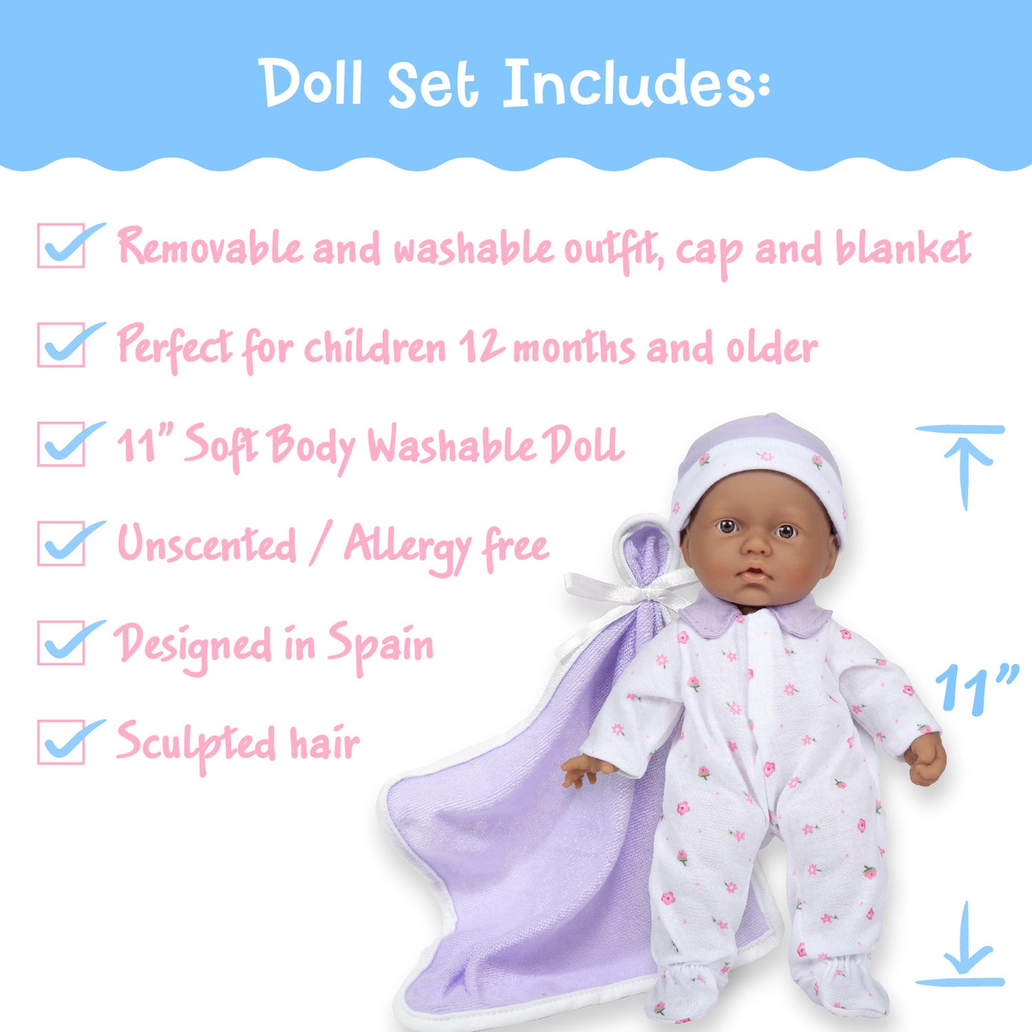 JC Toys La Baby Soft 11-inch Doll with Blue Blanket and Matching Pacifier