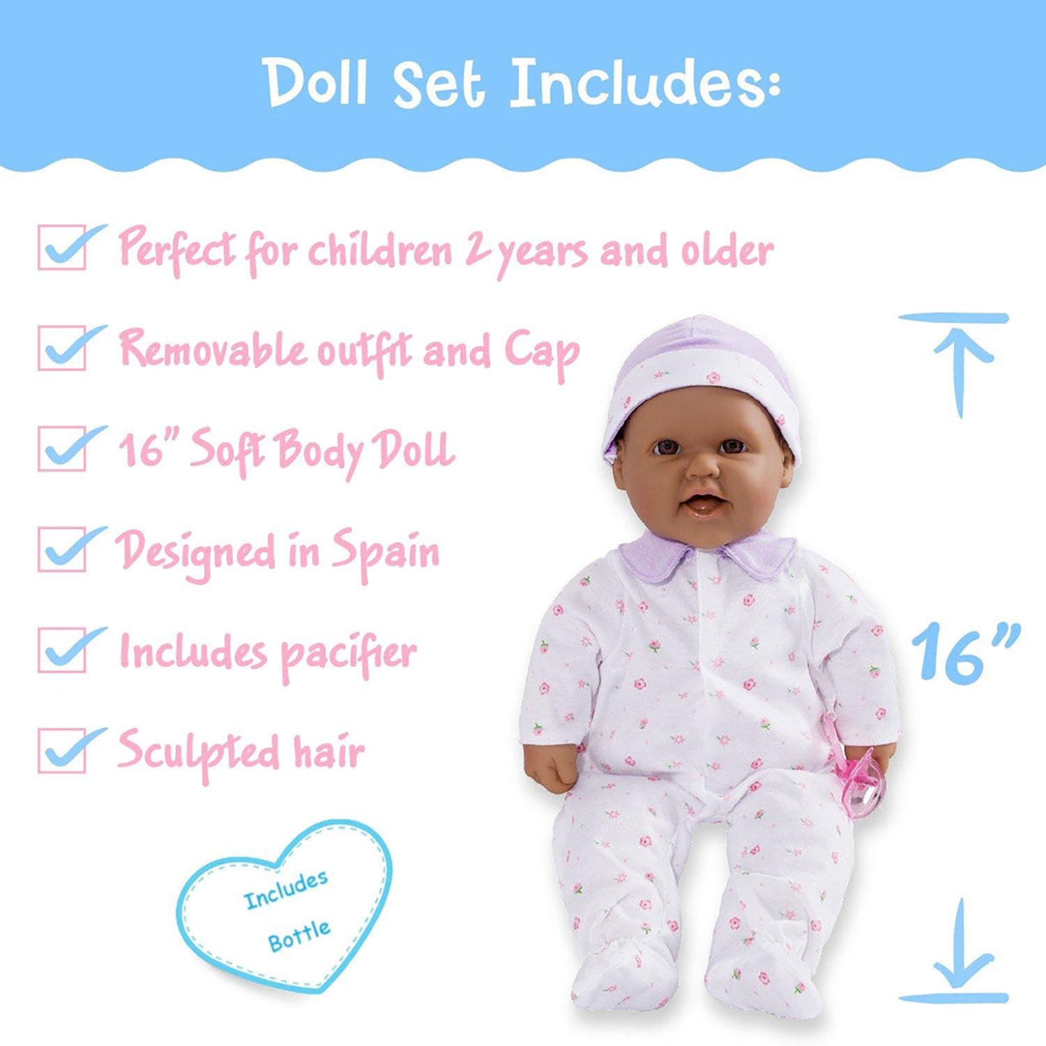 JC Toys La Baby Soft 16-inch Doll - Purple Outfit with Pacifier