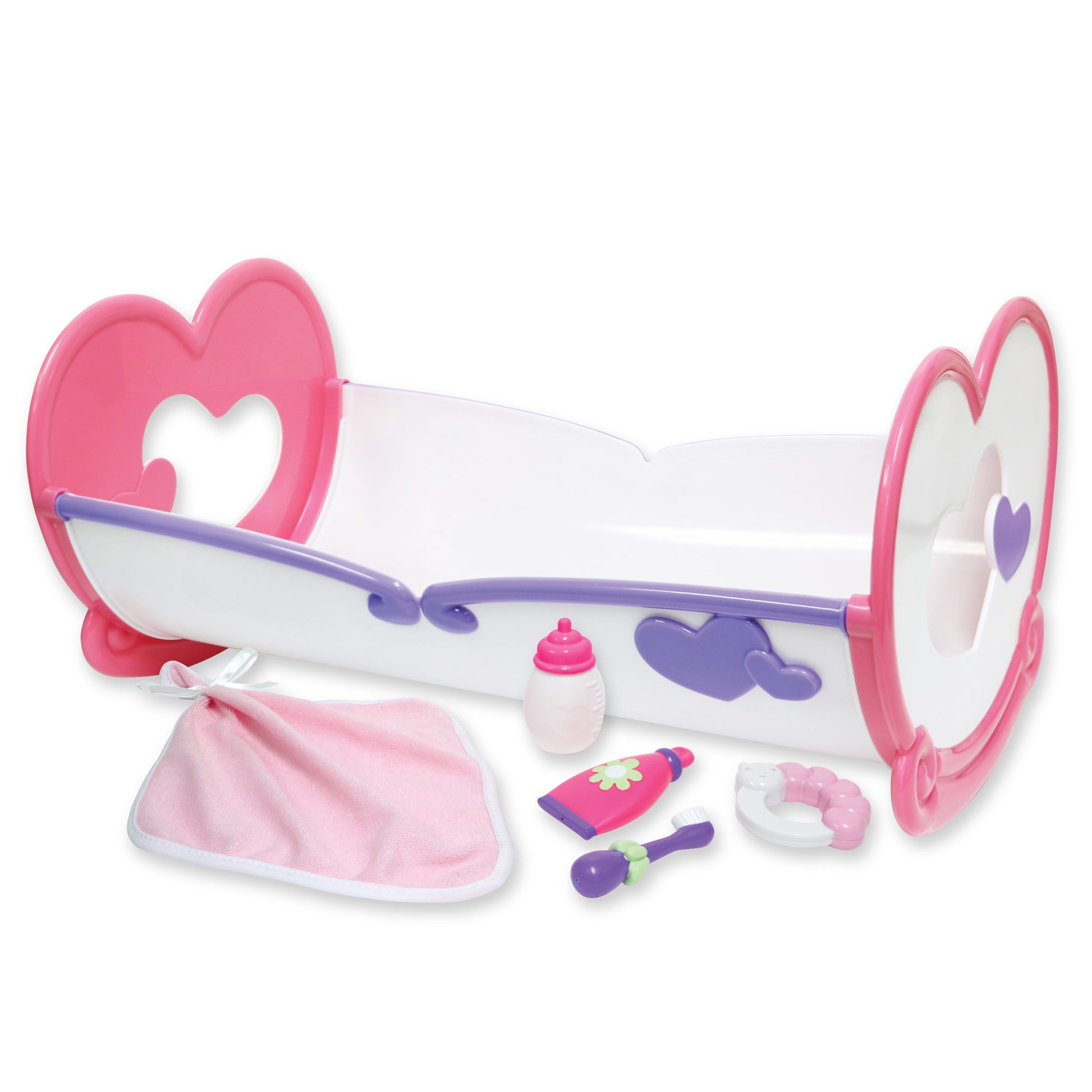 JC Toys Deluxe Rocking Doll Crib with Heart Design & Accessories