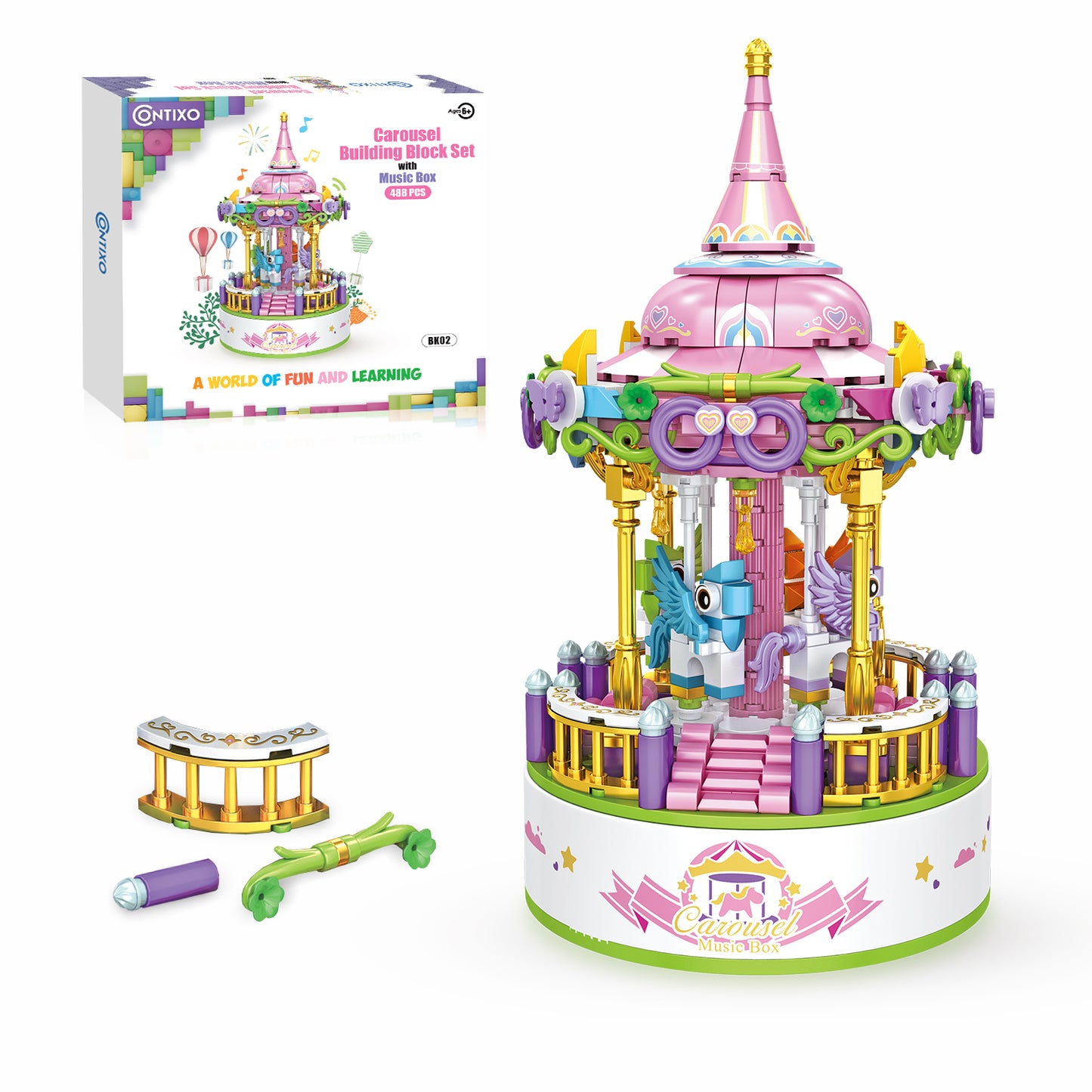 Contixo BK02 Metallic Pink Carousel Building Block Set with Music Box - 488 PCS