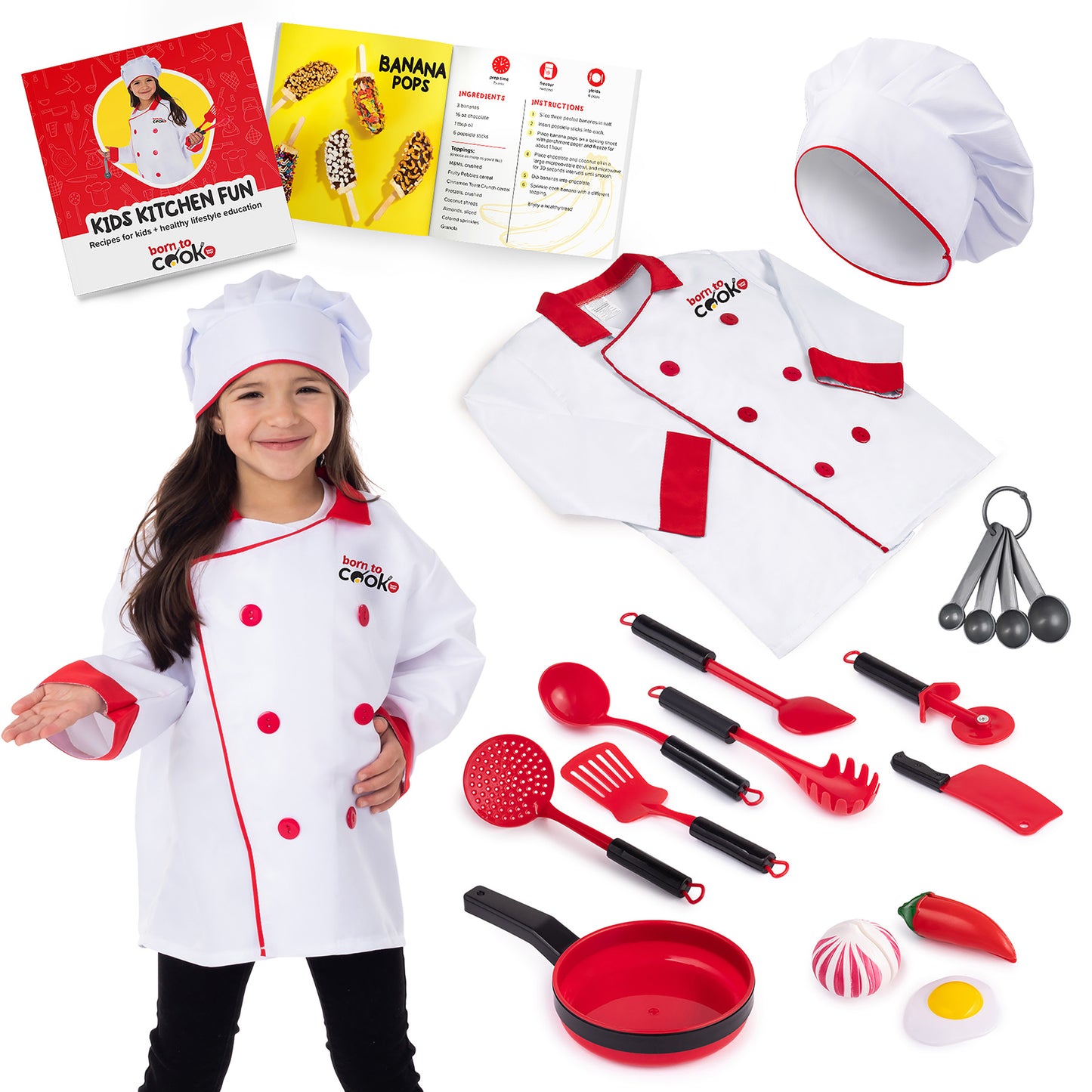 Bintiva 11-Piece Deluxe Chef Role Play Dress-Up Set - Red Accents