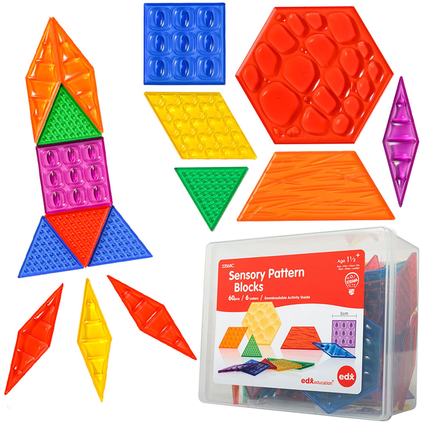 edxeducation Translucent Sensory Pattern Blocks - Tactile Exploration Set