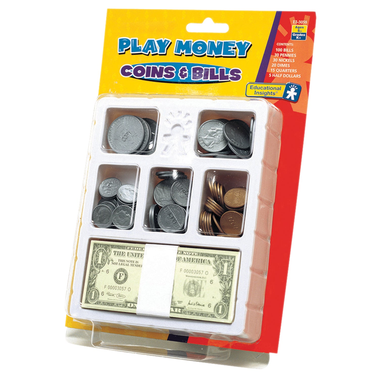 Educational Insights Play Money, Coins & Bills Tray - Realistic Pretend Cash Set