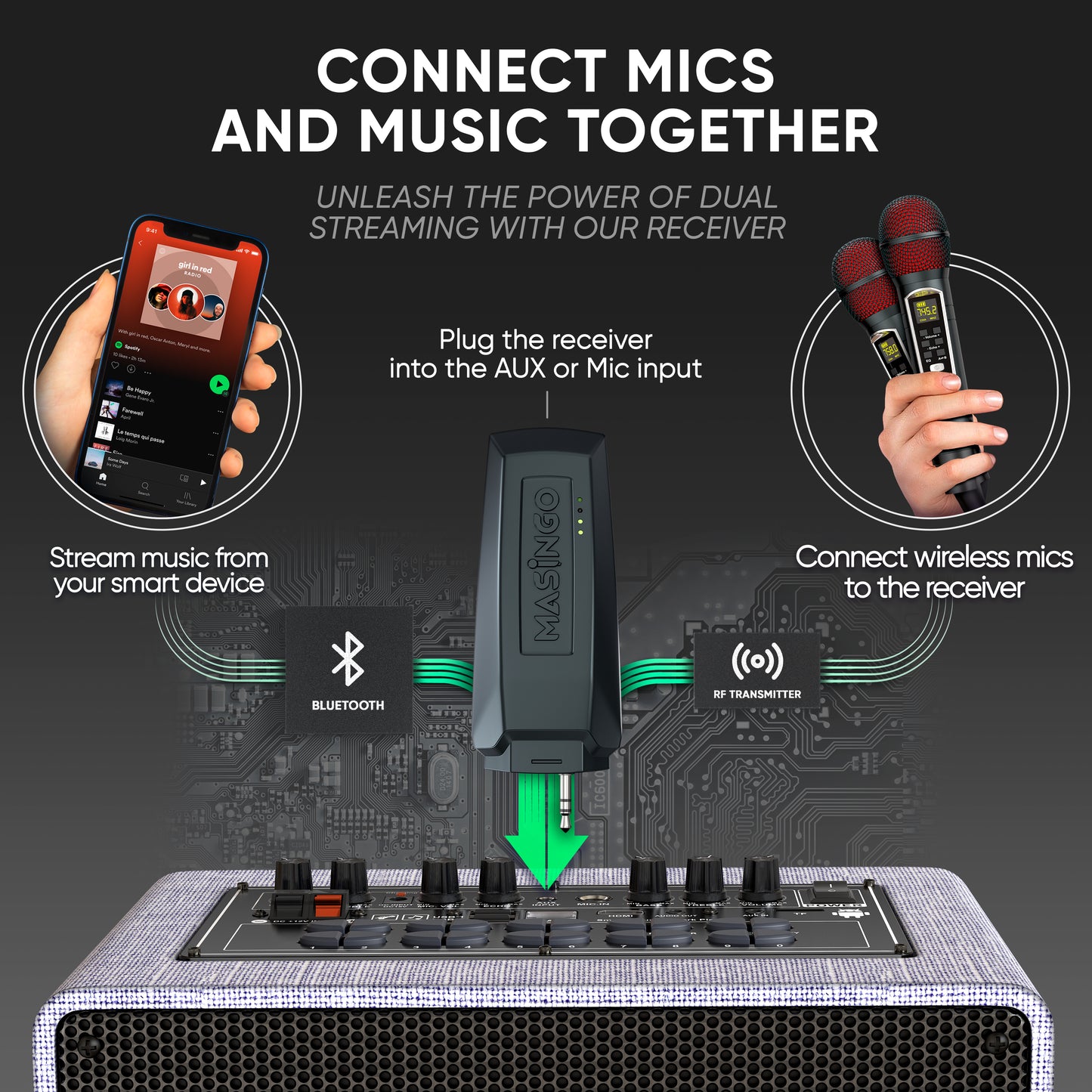 Masingo Fortissimo A12 Bluetooth Karaoke Machine with Dual UHF Microphones