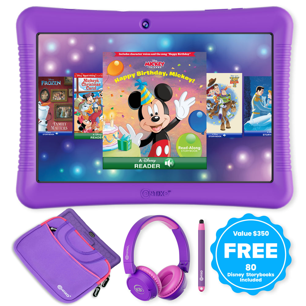 Contixo 10" Kids Tablet Bundle, 80 FREE Disney eBooks, Bluetooth Headphones, Case, Stylus, 32GB, Parental Controls, Tablet for kids 3-7 - Purple