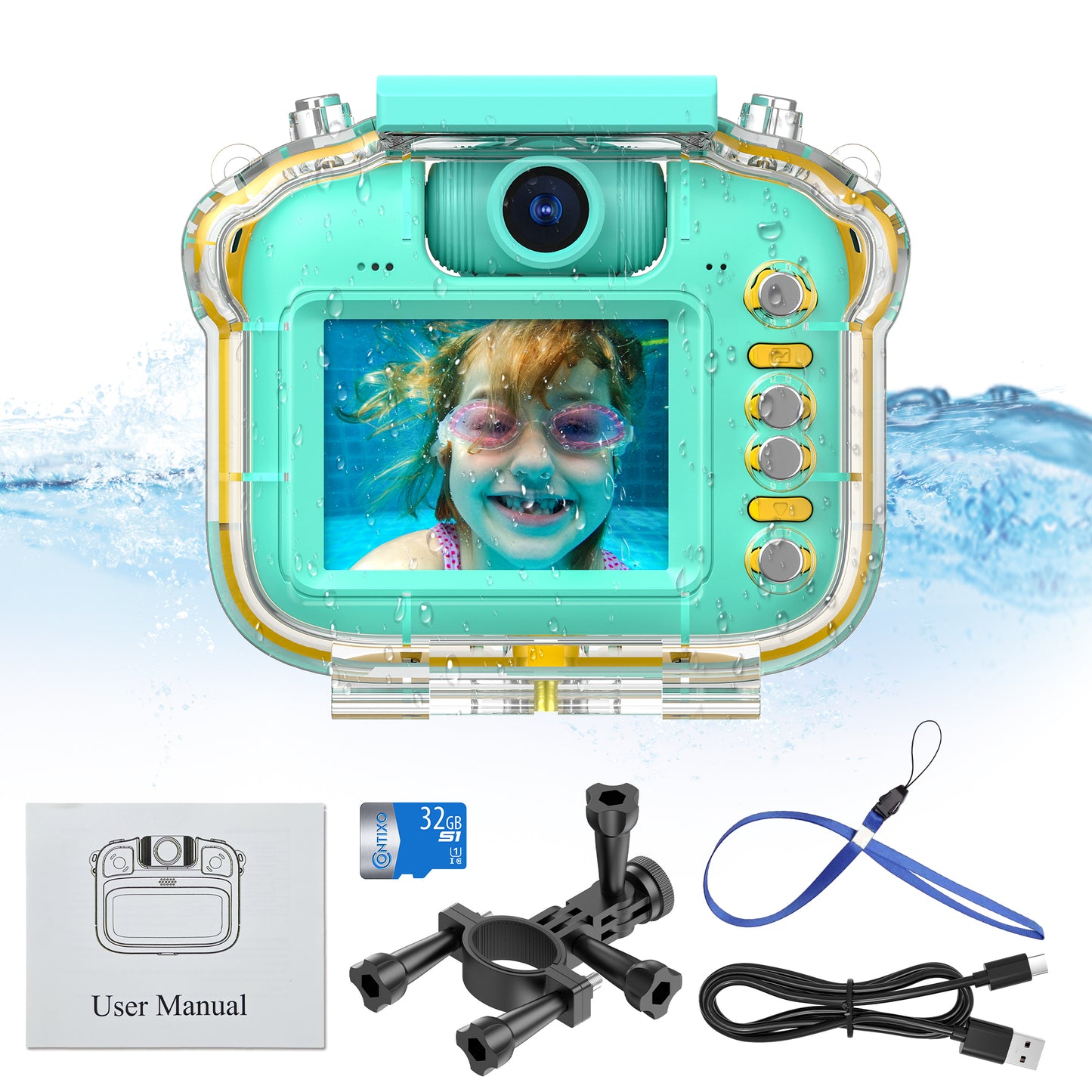 Contixo Kids Waterproof Camera - 1080p HD, 5x Zoom, Silicone Case, Built-In Games, Digital Toy for Ages 3-12 - Green