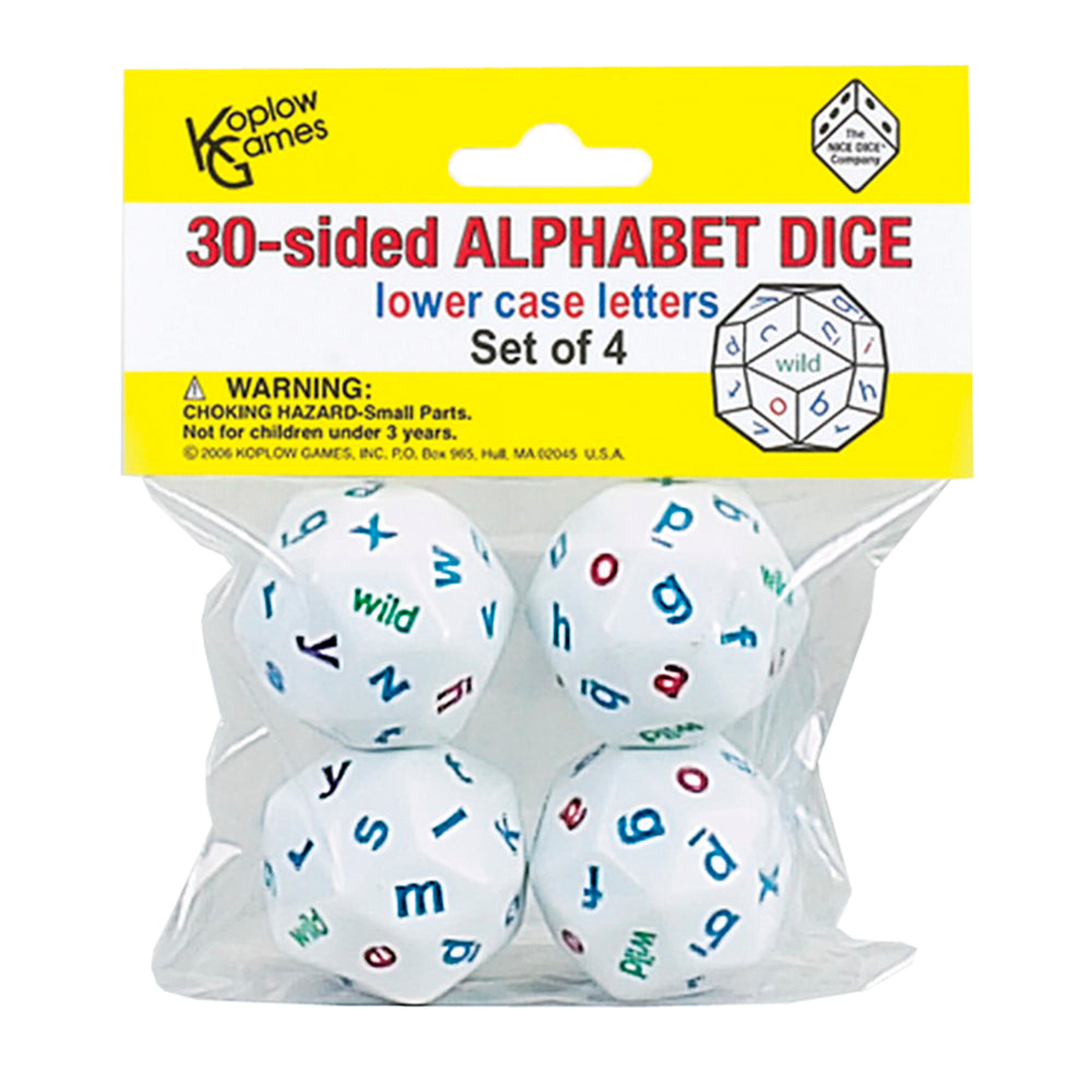 Koplow Games Colorful 30-Sided Alphabet Dice Set, Lowercase, 4 Pack