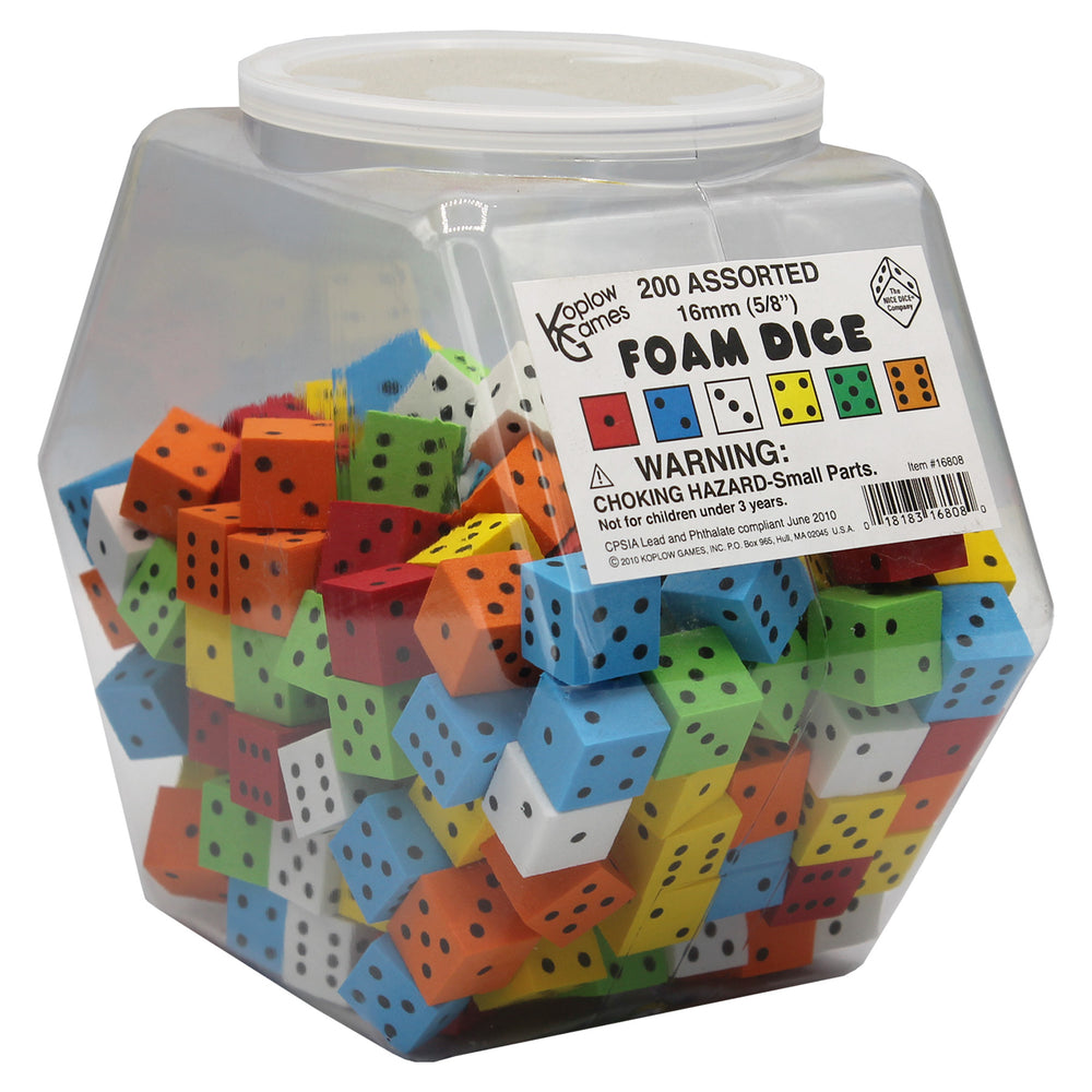 Koplow Games Jubilant Jumbo Foam Dice Set, 16mm, Variety Colors, Tub of 200