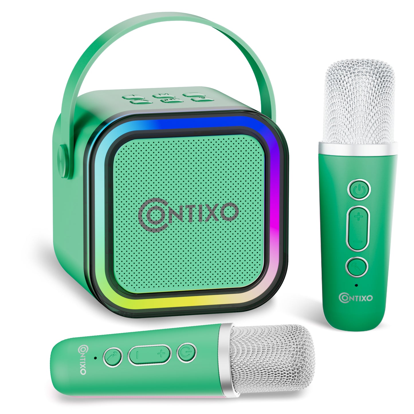 Contixo Mini Karaoke Machine, Portable Bluetooth Speaker + 2 Wireless Microphones, Party Speaker, LED Lights, Vocal Removal, Toys for Kids & Adults, Supports BT/TWS/AUX/USB/SD – Green