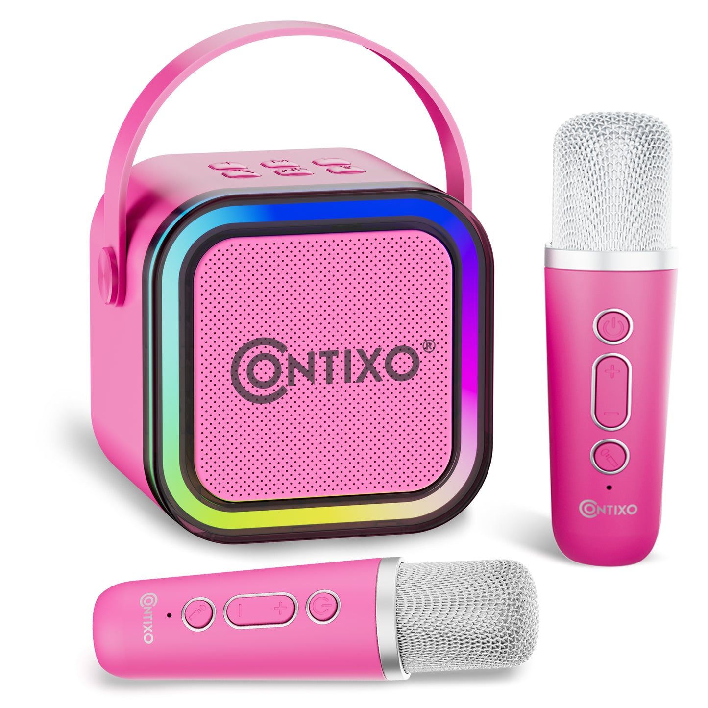 Contixo Mini Karaoke Machine, Portable Bluetooth Speaker + 2 Wireless Microphones, Party Speaker, LED Lights, Vocal Removal, Toys for Kids & Adults, Supports BT/TWS/AUX/USB/SD – Pink