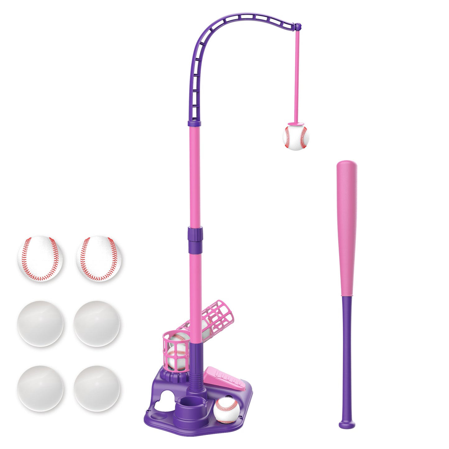 Contixo 3-in-1 Kids T-Ball Set, Hanging Tee, Adjustable Stand, Tee Popper & 6 Soft Balls, Indoor & Outdoor Baseball Toy for Ages 3-5 - Pink/Purple