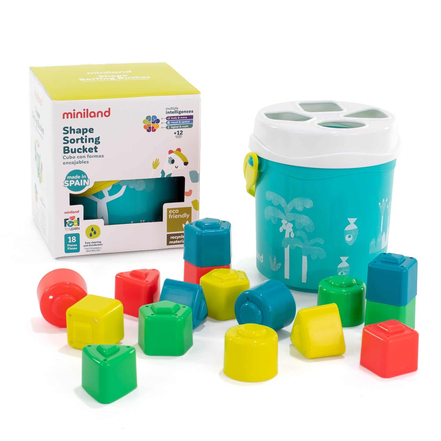 Miniland Feel to Learn - Shape Sorting Bucket - Vibrant Turquoise