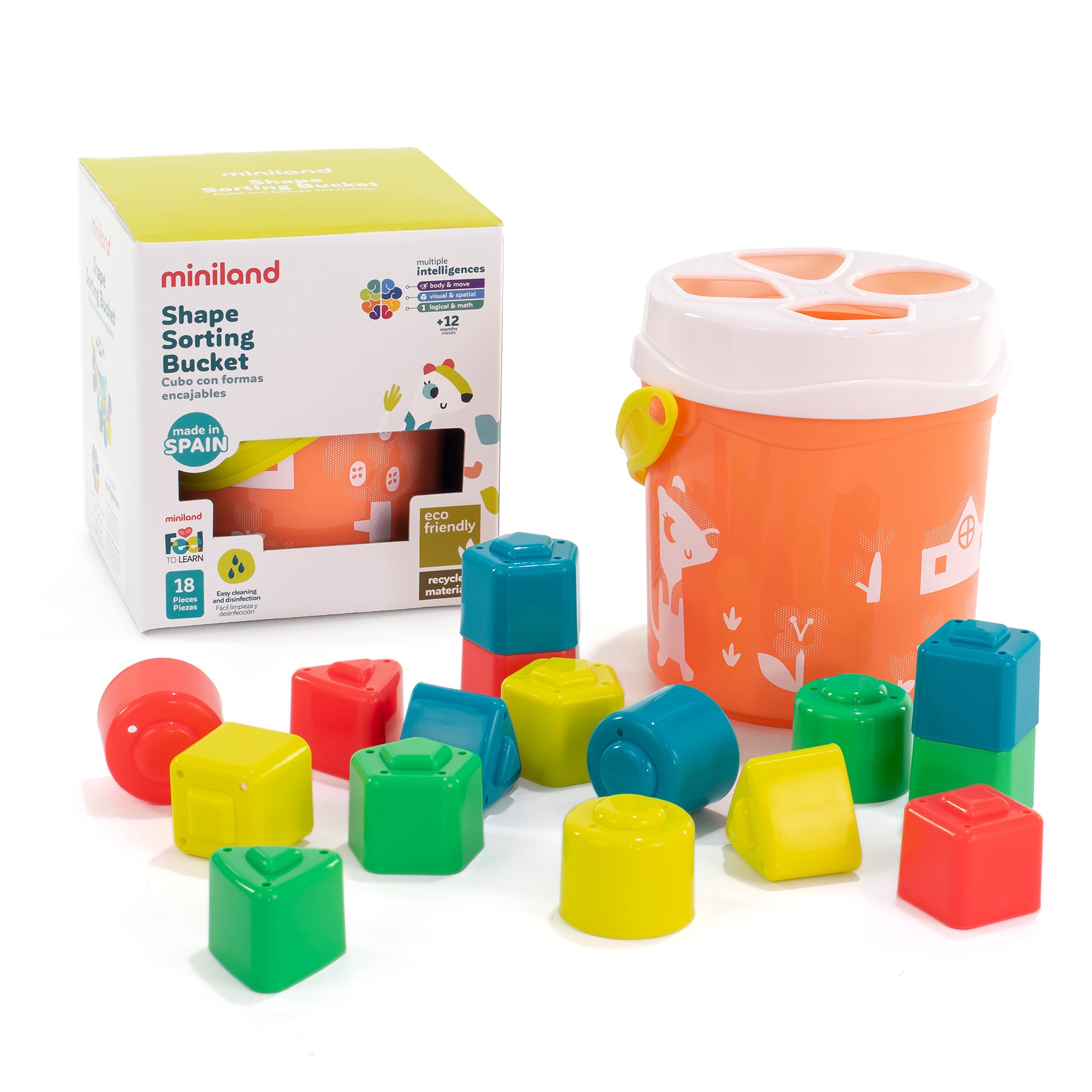 Miniland Shape Sorting Bucket – Playful Salmon