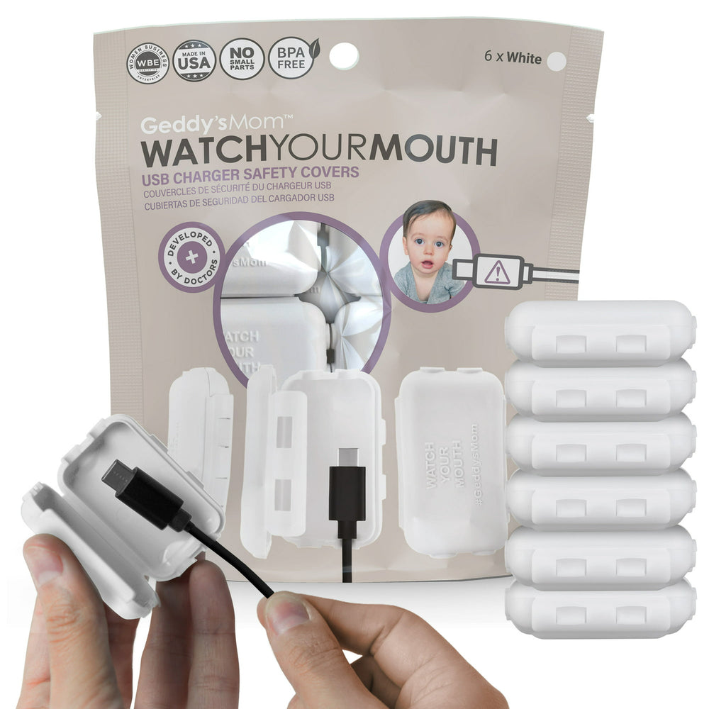 Geddy's Mom Watch Your Mouth - Baby Proofing USB Charger Safety Cover - White 6 Pack