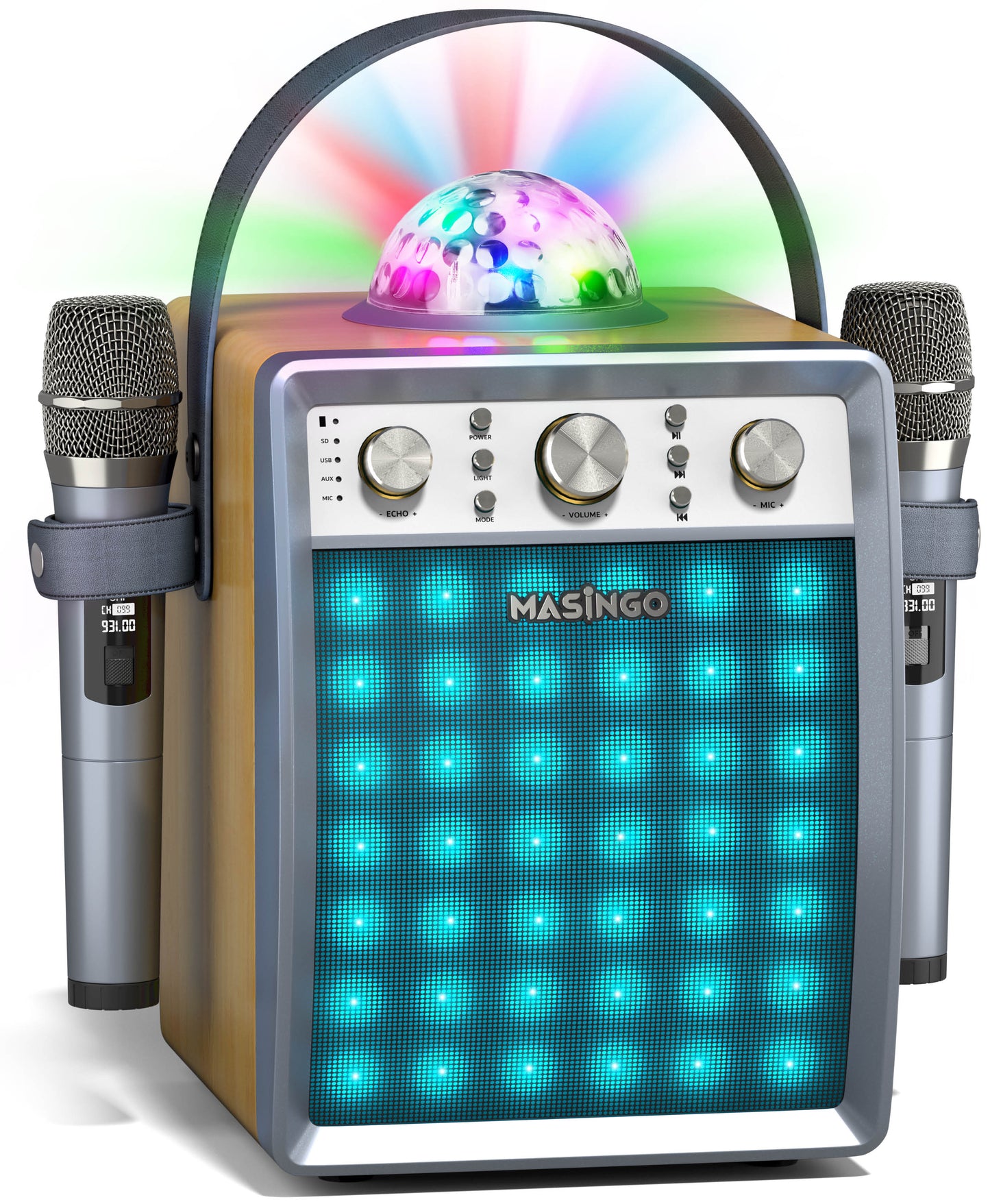 Masingo Ostinato M7 Portable Wood Karaoke Machine with Wireless Microphones