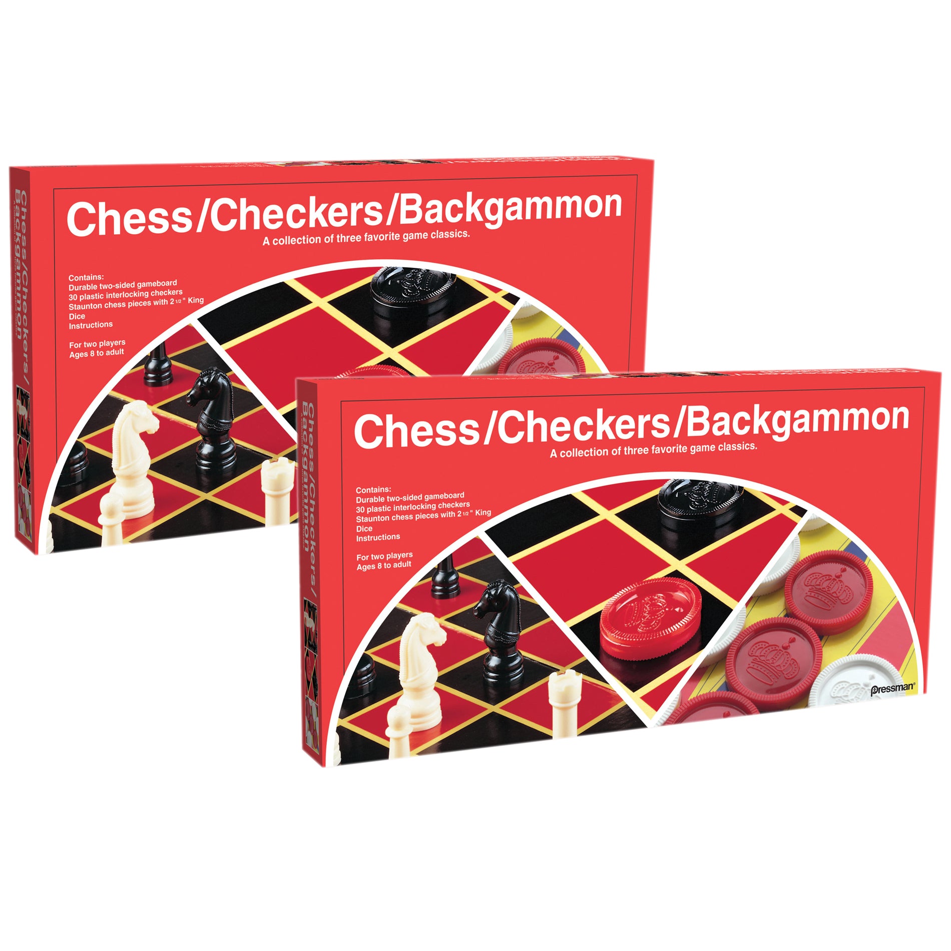 Pressman Triple-Play Classic Board Games Set, Chess/Checkers/Backgam Net, Pack of 2