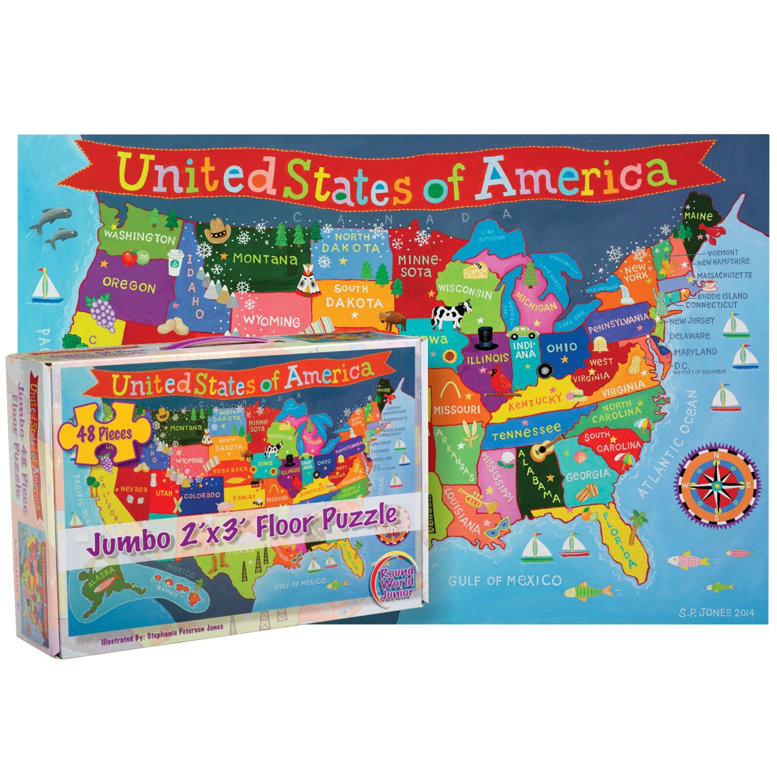 Round World Products USA Map Floor Puzzle for Kids - 48 pc