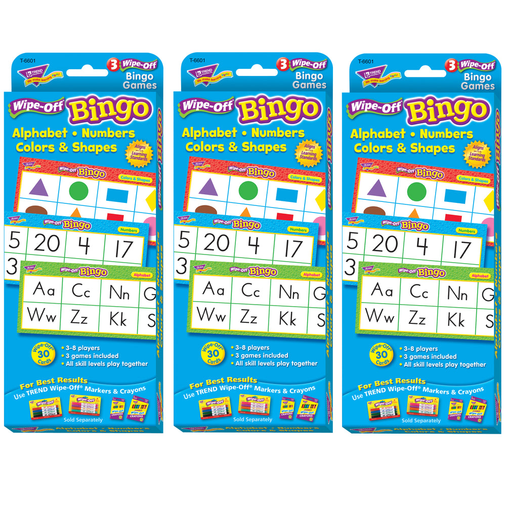 TREND Educational Bingo Set - Alphabets, Numbers, Shapes & Colors - 3 Packs