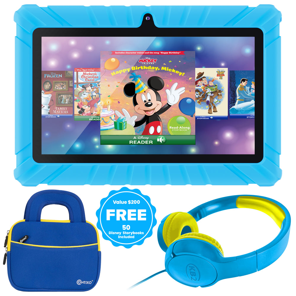 Contixo 7" Tablet Bundle, Kids Ages 3-7, 50 Disney eBooks, STEM Learning, Headphones & Sleeve Case, Android Tablet, Parental Controls – Blue