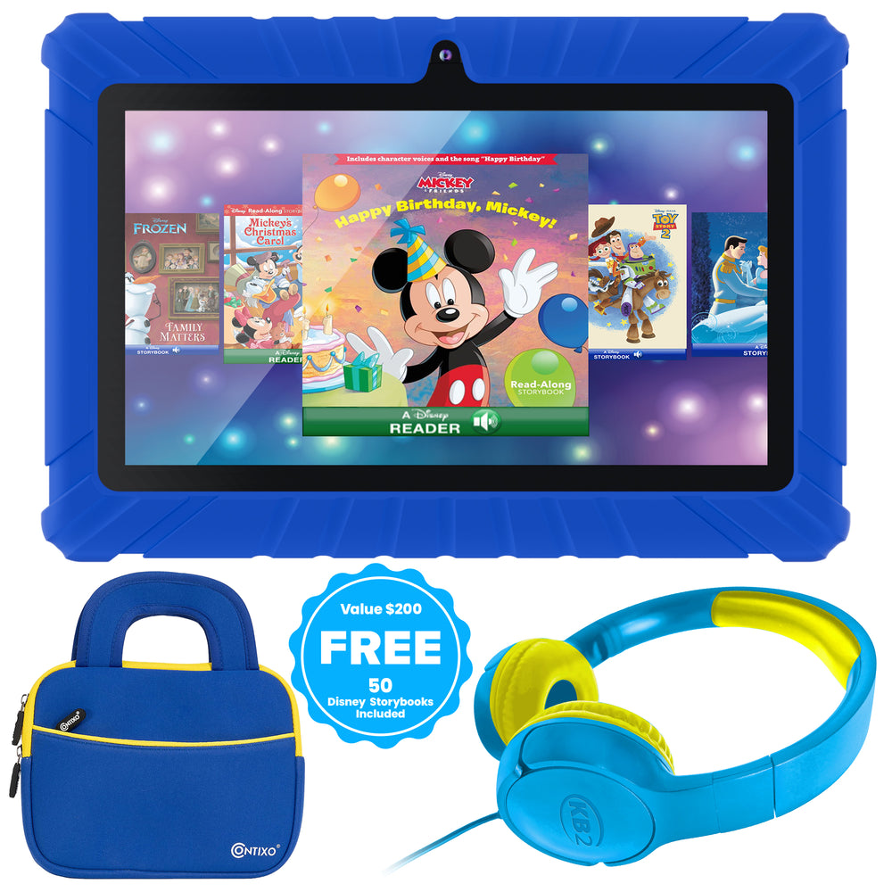 Contixo 7" Tablet Bundle, Kids Ages 3-7, 50 Disney eBooks, STEM Learning, Headphones & Sleeve Case, Android Tablet, Parental Controls – Dark Blue