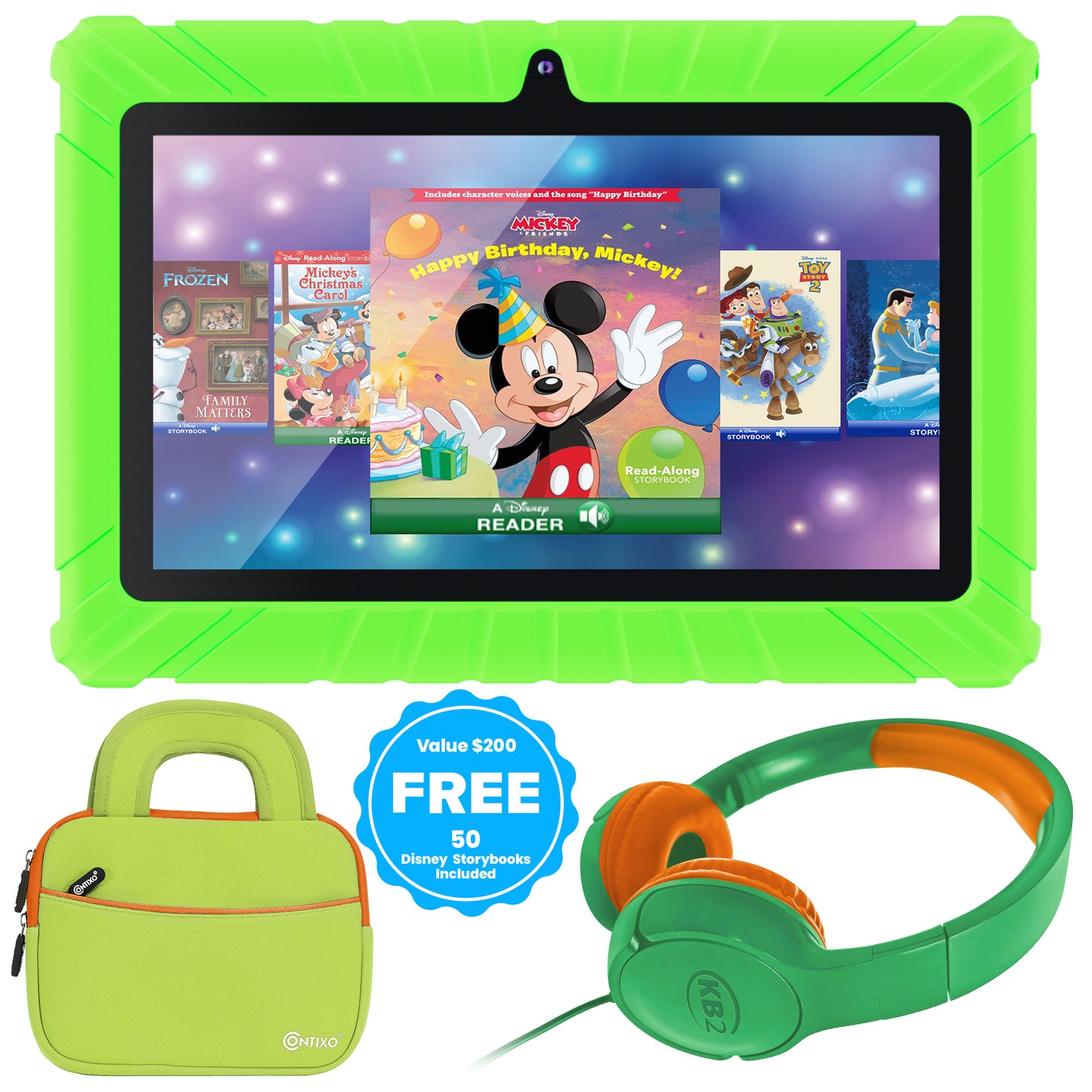 Contixo 7" Tablet Bundle, Kids Ages 3-7, 50 Disney eBooks, STEM Learning, Headphones & Sleeve Case, Android Tablet, Parental Controls – Green