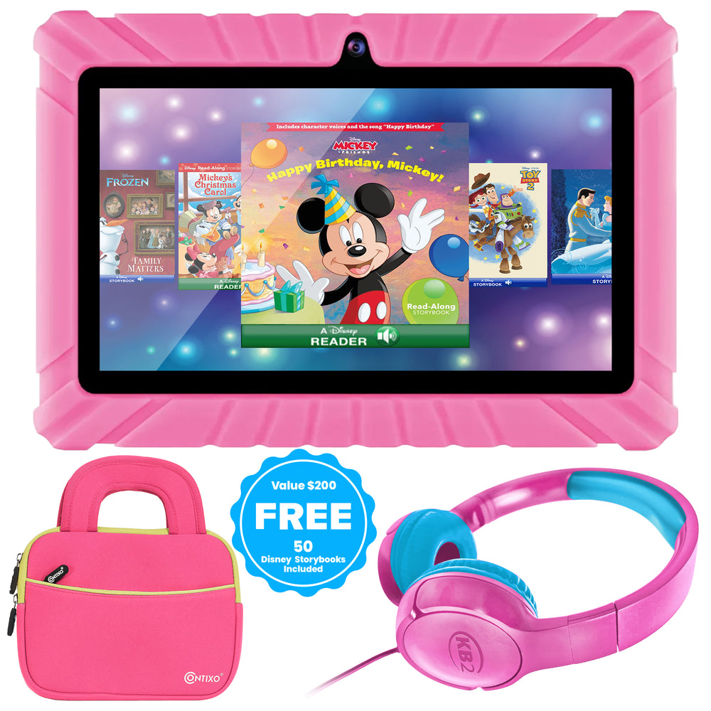 Contixo 7" Tablet Bundle, Kids Ages 3-7, 50 Disney eBooks, STEM Learning, Headphones & Sleeve Case, Android Tablet, Parental Controls – Pink