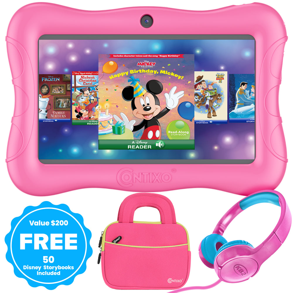 Contixo 7" Kids Tablet Bundle, 50 FREE Disney eBooks, Learning Android Tablet for kids 3-12, 32GB, Parental Controls, Kid-Proof Case with Kickstand, Includes Headphones, Carrying Case - Pink