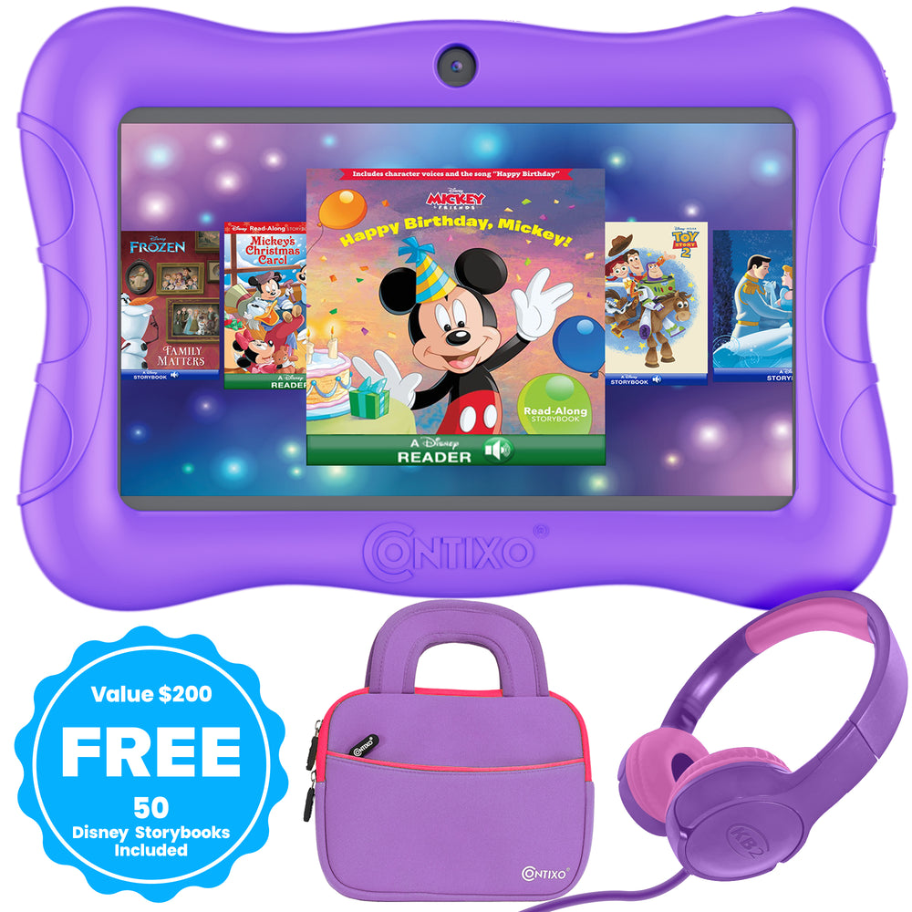 Contixo 7" Kids Tablet Bundle, 50 FREE Disney eBooks, Learning Android Tablet for kids 3-12, 32GB, Parental Controls, Kid-Proof Case with Kickstand, Includes Headphones, Carrying Case - Purple