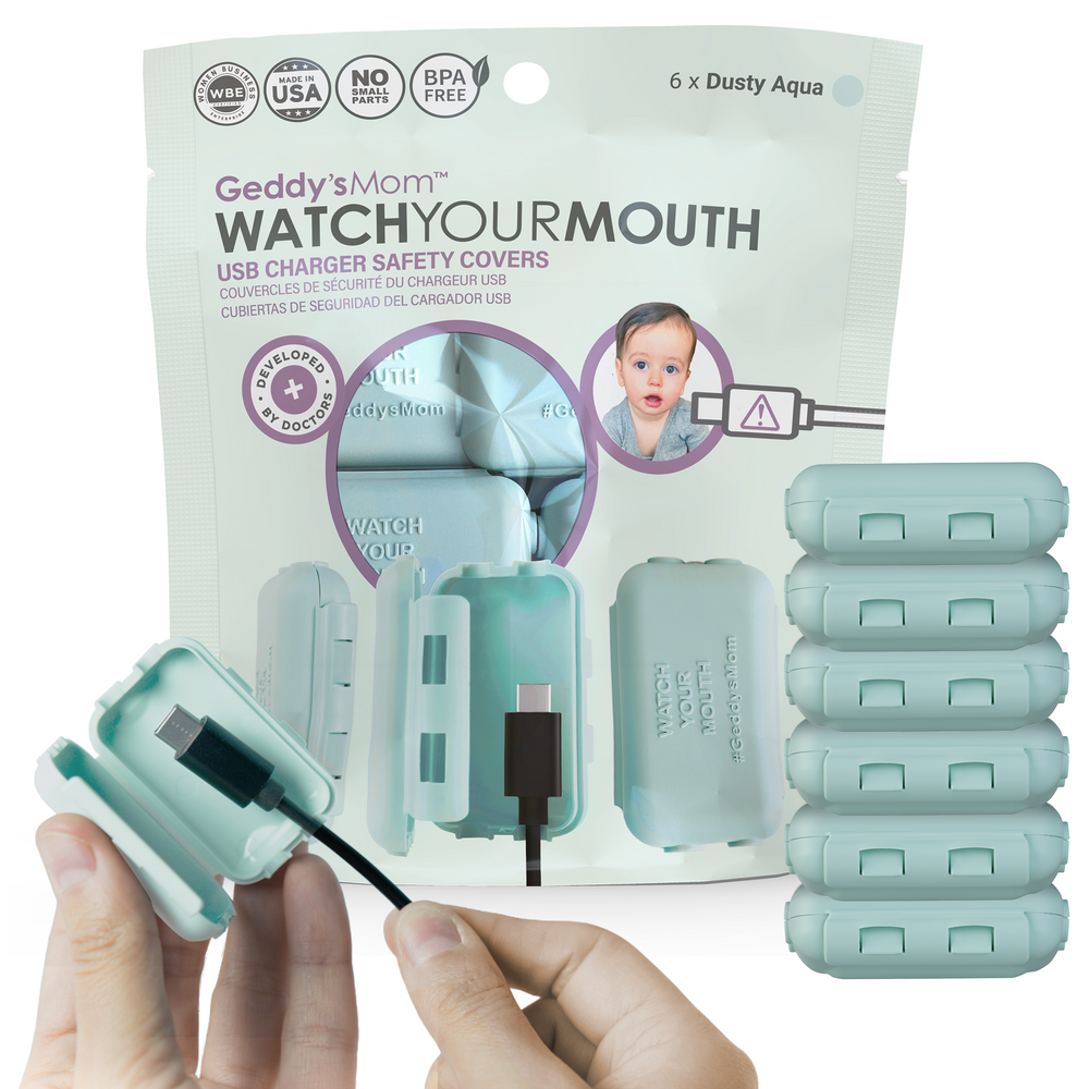 Geddy's Mom Watch Your Mouth - Baby Proofing USB Charger Cover - Dusty Aqua 6-Pack