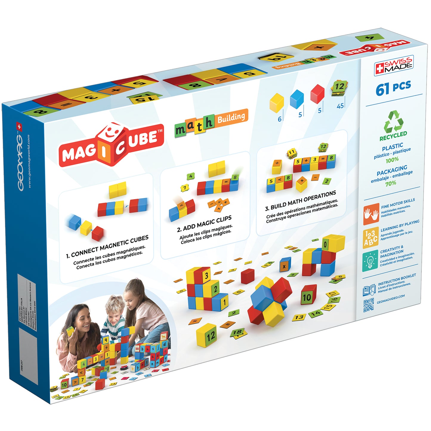 Geomag Magicube Math Building Set - 61 Pieces, Recycled, Colorful Magnetic Blocks