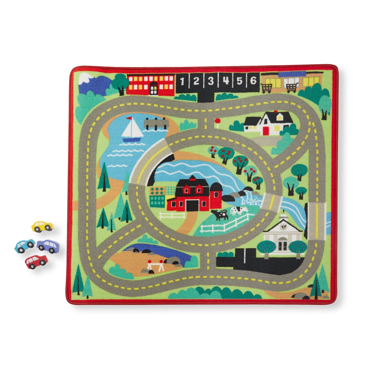 Melissa & Doug Round the Town Road Rug & 4 Wooden Cars Play Set