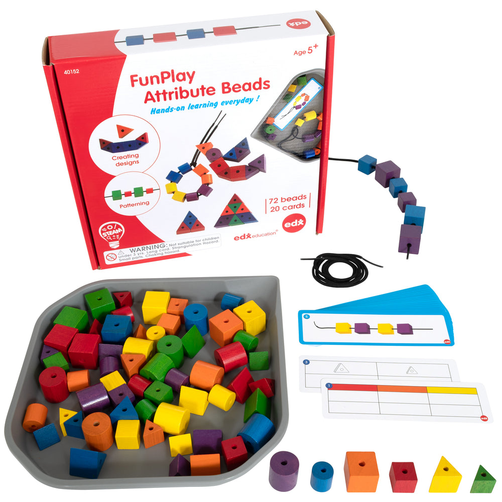 edxeducation FunPlay Attribute Beads - Educational Wooden Lacing Set - 72 Beads & 40 Activities